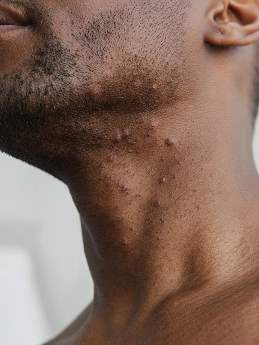 Close view of razor bumps along the jawline after shaving