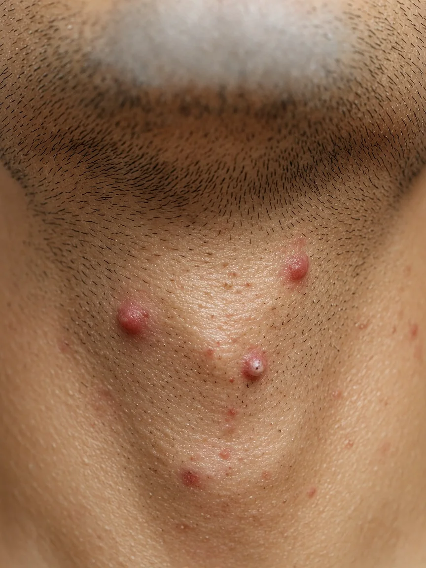 Close-up of raised red razor bumps on the neck after shaving