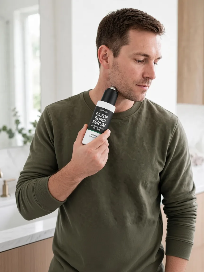 Man applying Noticed Razor Bump Serum to his jawline